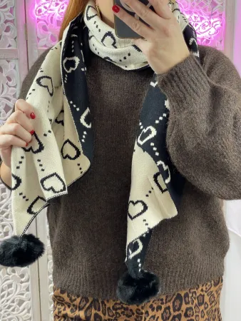 Echarpe coeurs noir & beige