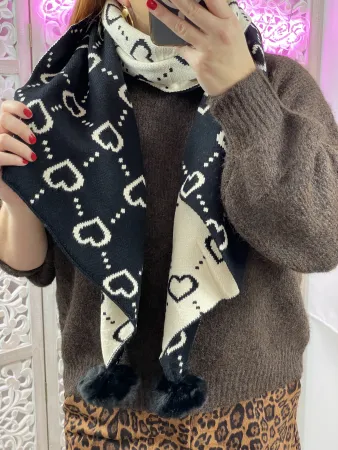 Echarpe coeurs noir & beige
